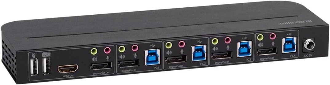 Monoprice 4K DisplayPort 1.4 and USB 3.0 4x1 KVM Switch - 4K@60Hz, 18 Gbps, HDR, YCbCr 4:4:4, HDCP 2.2, HDMI 2.0, Share 4 Computers with 1 Keyboard Mouse, Monitor, Printer, Black - Blackbird Series