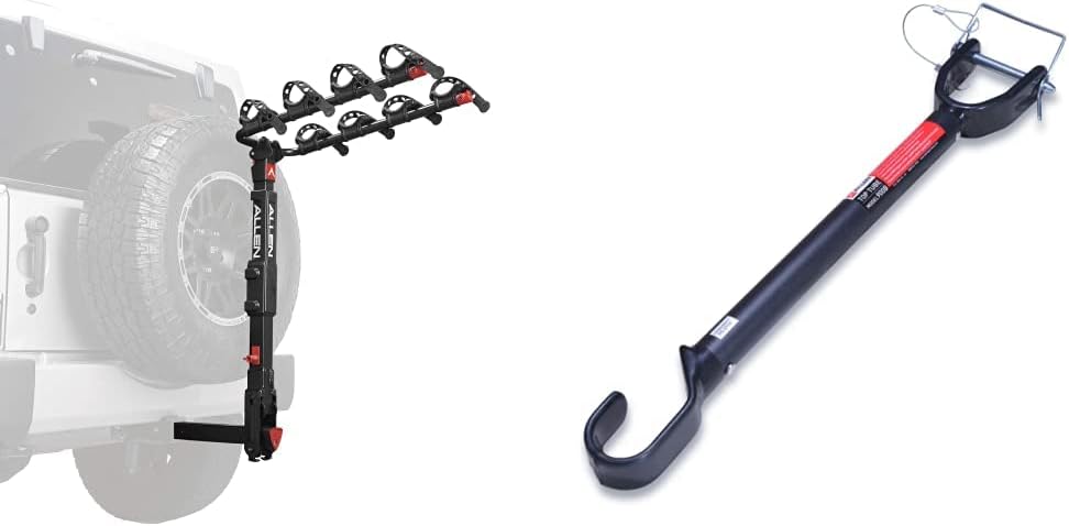 Allen Sports Premier Locking Quick Release 4-Bike Carrier for 2 Inch Hitch on Vehicles with Spare Tire, Model 400QR, Black & Tension Bar Bicycle Cross-Bar Adaptor, Black, One Size