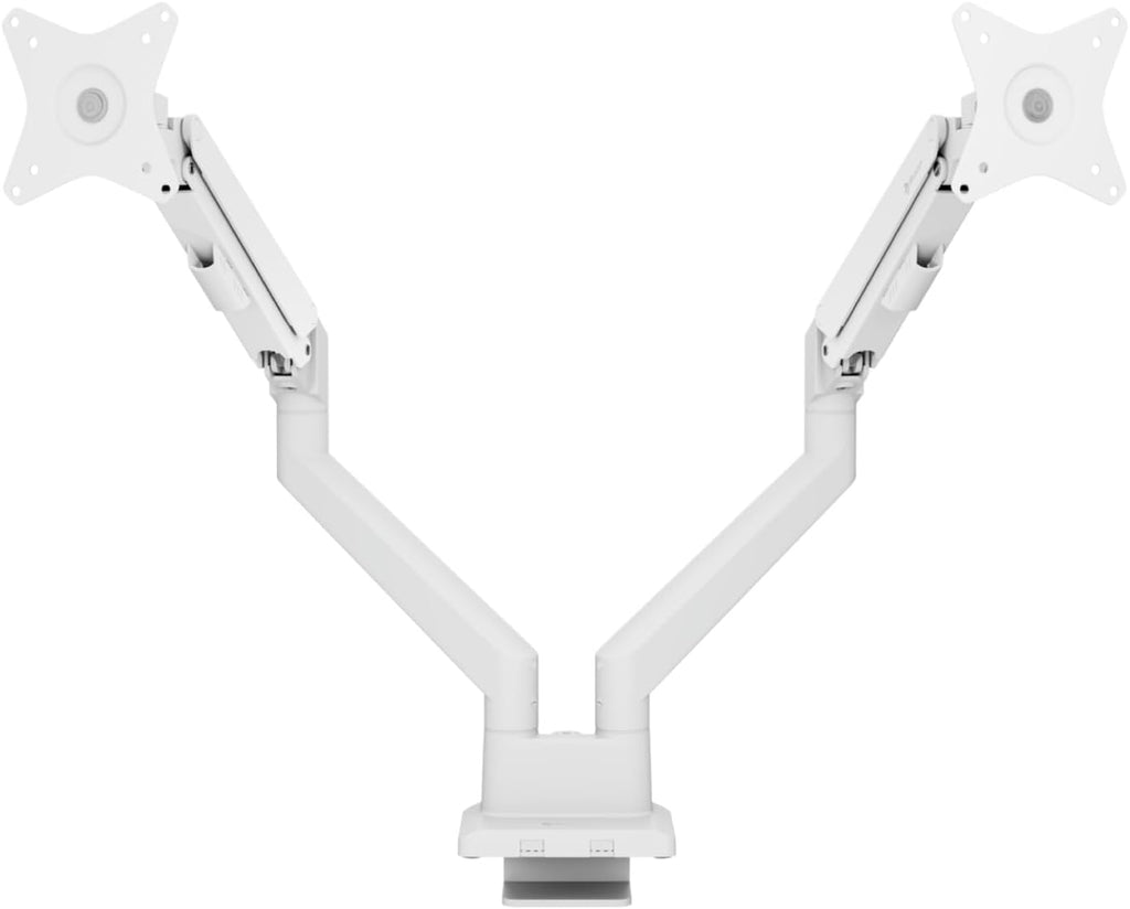 Arozzi Alzare Neo Duo Dual Gas Spring Monitor Arm - 2 Independent Arms, 17':34' Monitors, VESA 75/100, 360 Rotation, Up to 20 lbs Each, Cable Management, C-Clamp & Grommet Included - White
