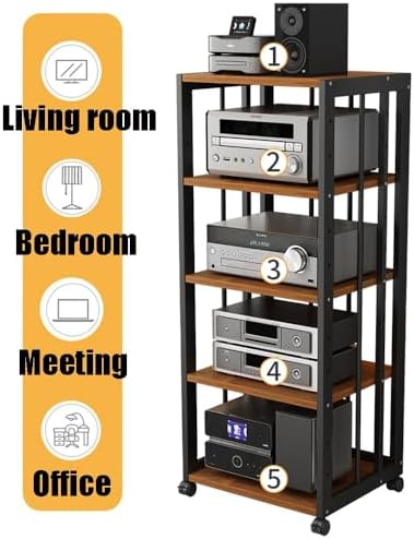 HiFi Audio Stand Rack 2 Tier Media Storage Cabinet with Wheels, Adjustable Record Player & Game Console Shelf, Modern Black & White Design for Home Entertainment