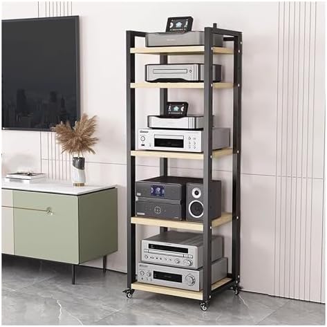 Height-Adjustable Audio Rack Shelf - Media Cabinet with Casters for Living Room, Compact Entertainment Center for Stereo Components, Space-Saving AV Storage Solution
