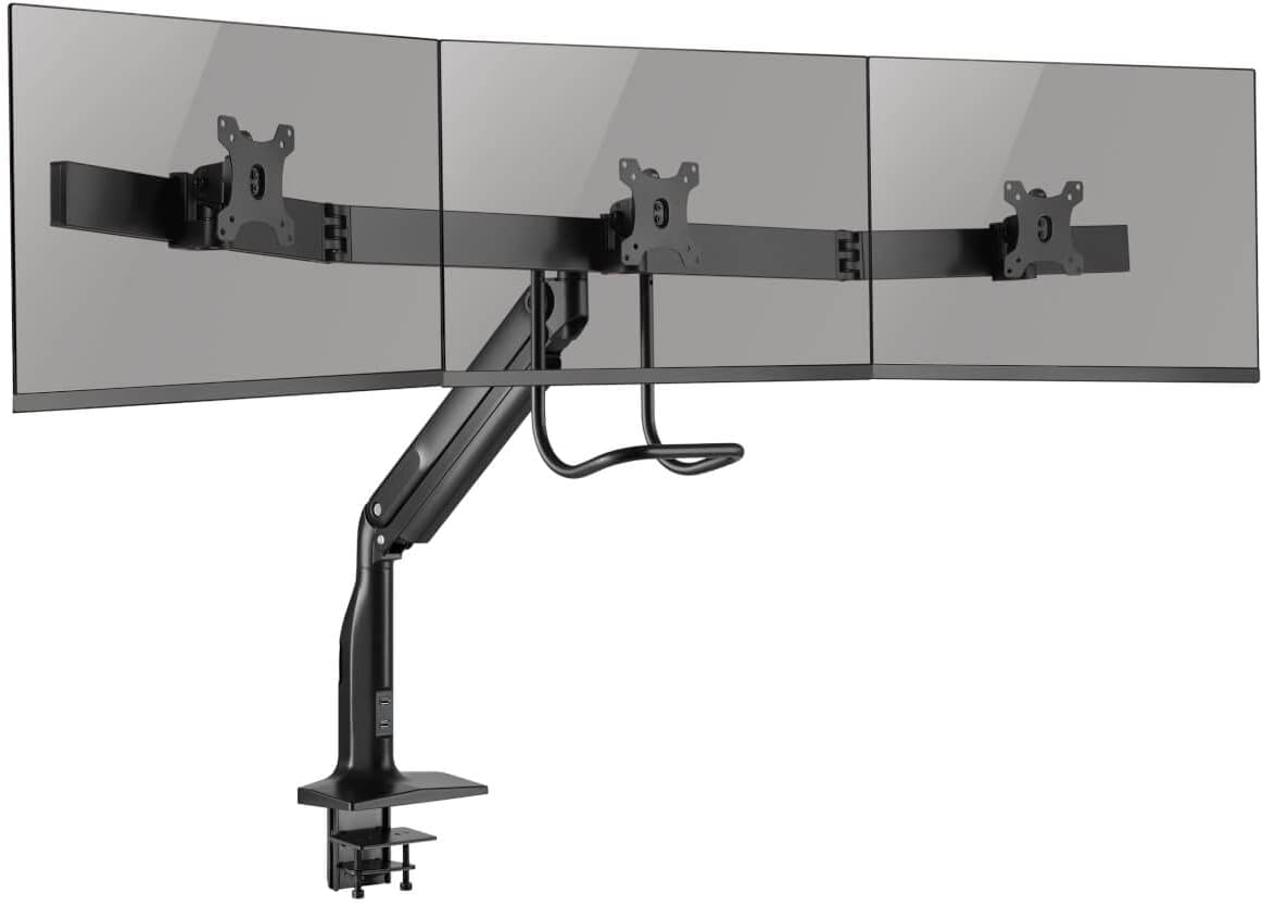 Tripp Lite Safe-IT Precision-Placement Triple 17-32 inch Monitor Desktop Mount, 90-Degree Rotation, Cable Management Space, VESA-Compliant, 5-Year Warranty (DMPDT1732AM)
