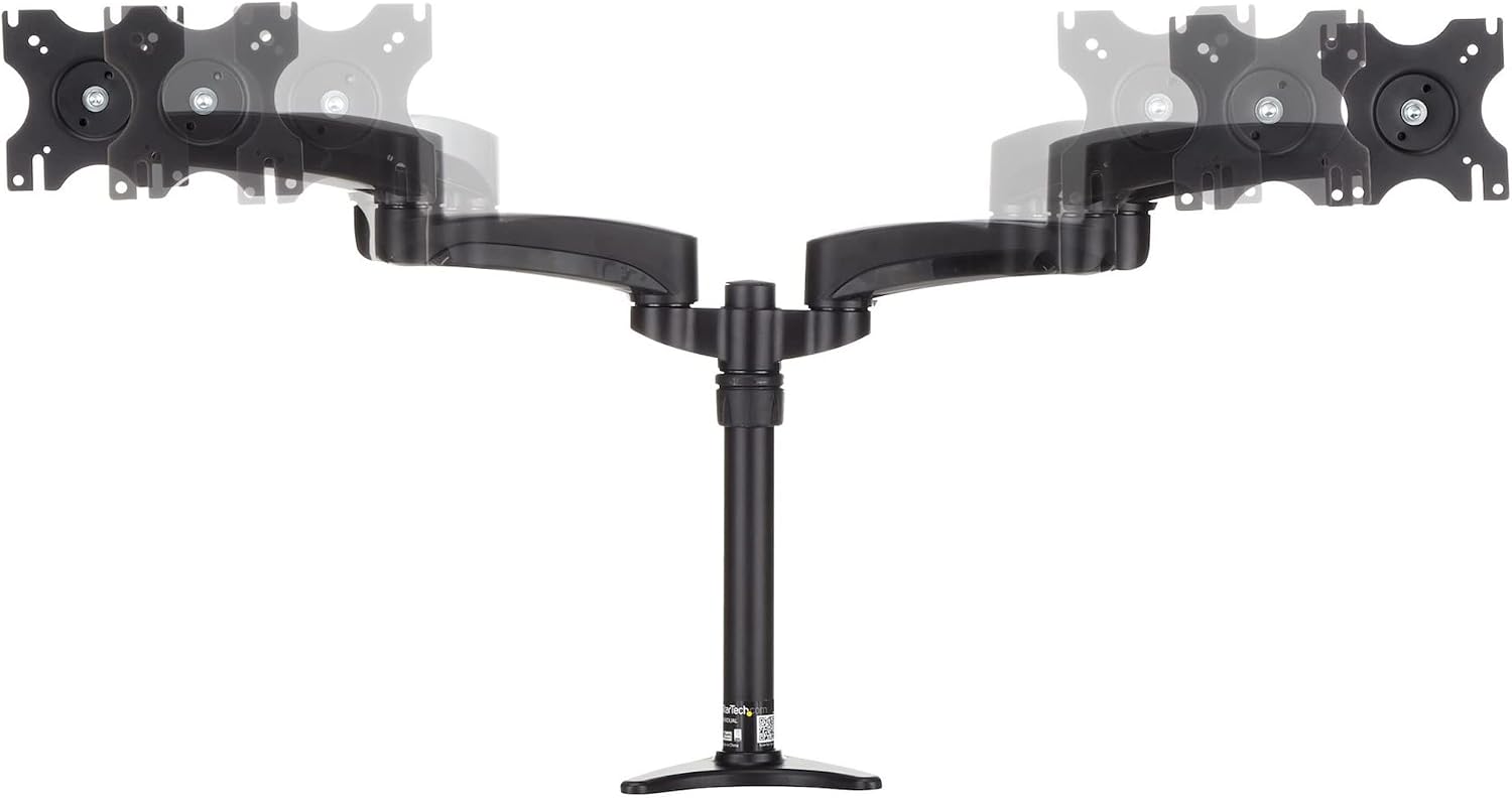 StarTech.com Desk Mount Dual Monitor Arm - Articulating - Supports Monitors 12'' to 24' (29.9lb/13.6kg) - Adjustable VESA Monitor Arm - Grommet or Desk Mount - Black (ARMDUAL)