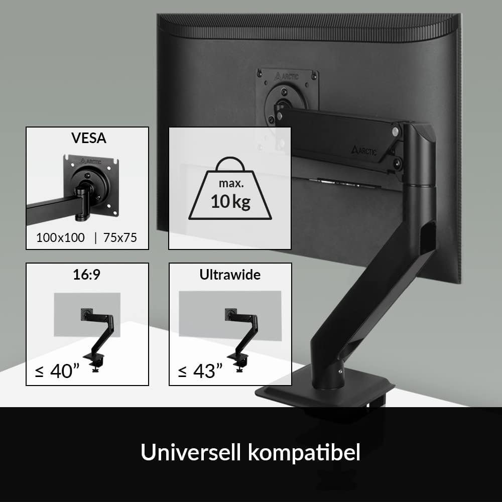 ARCTIC X1-3D - Monitor Arm with Extendable Gas Arm, Support Monitor up to 40' Ultrawide, up to 10 kg/22 lbs, with Cable Management, Adjustable - Black