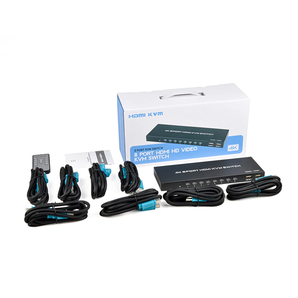 HDMI KVM Switch 8 Port - KVM Switcher for 8 Computers Share 1 Monitor & 3 USB 2.0 Devices,Keyboard Mouse Printer,Support 4K@60Hz, 8 Cables 1 IR Remote Included