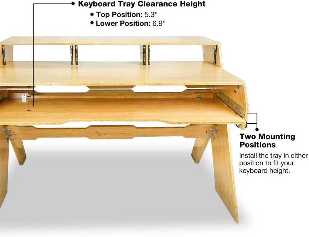 Sound Town Studio Workstation Desk with 3 x 3U Rack Bays, Adjustable Top Shelf, Slide-Out Controller Keyboard Tray, Solid Carbonized Bamboo (SDRK-PF60CB)