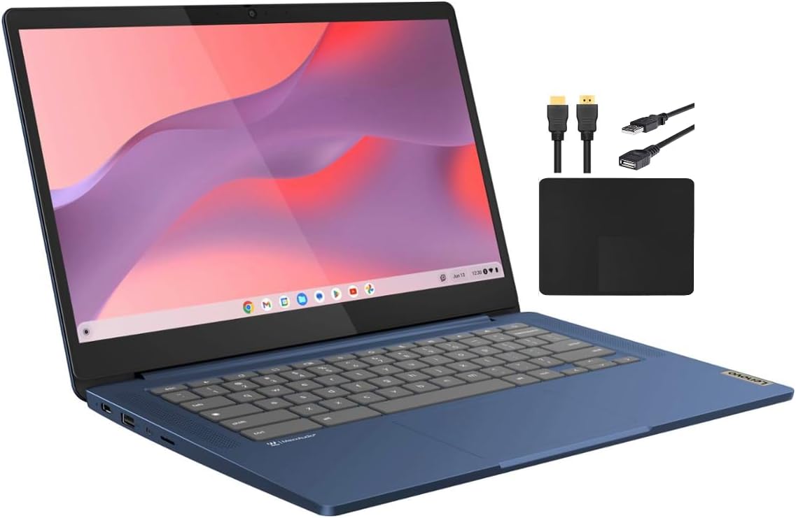 Lenovo 2023 14'' FHD Touchscreen Slim 3 Chromebook Laptop Business Student, 8-Core MediaTek Kompanio 520 Processor, 4GB RAM, 64GB eMMC, WiFi 6,Chrome OS+MarxsolCables, Abyss Blue