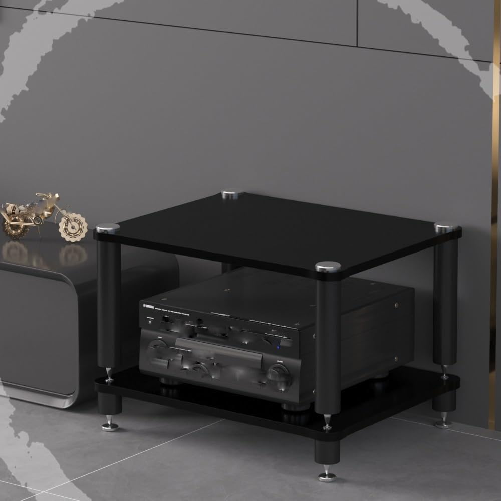 HiFi Rack 3 Tier AV Media Stand Wood Shelf, Record Player Stand Stereo Cabinet, Audio Tower, Media Console Storage Shelf, Audio Video Components (Black, 2-Tier(60x48x40cm))