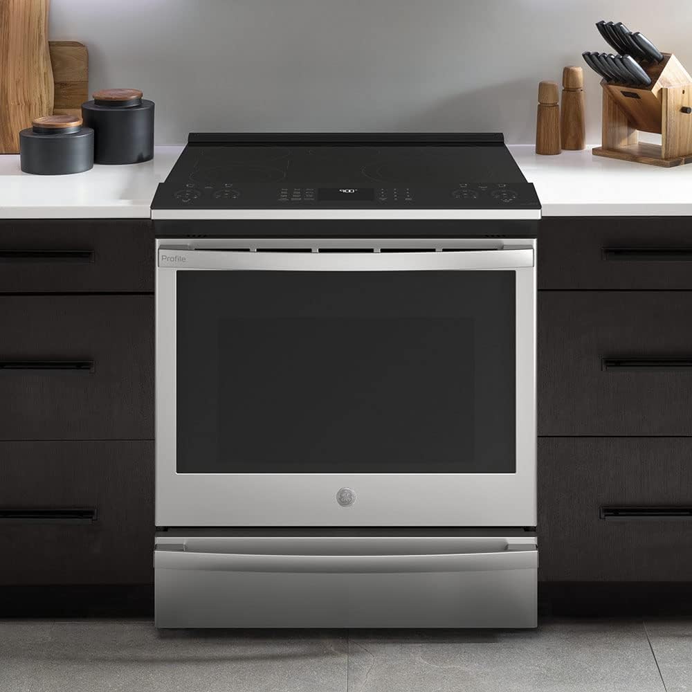 GE Profile PSS93YPFS 30' SlideIn Smart Electric Range with 4 Radiant Heating Elements, 5.3 Cu. Ft. True Convection Oven, Storage Drawer, WiFi, Self Clean with Steam Option,