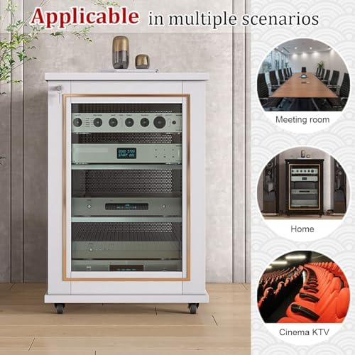 Stylish Stereo Cabinet with Wheels, AV Component Media Stand & Storage Shelves, Wooden Entertainment Center Rack, Modern White & Gold Design for Audio-Video Equipment