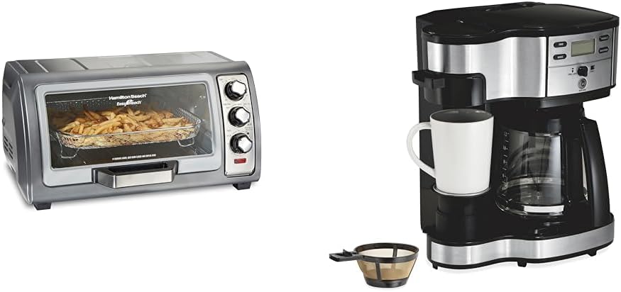 Hamilton Beach Toaster Oven Air Fryer Combo with Large Capacity, Fits 6 Slices or 12' Pizza & 2-Way 12 Cup Programmable Drip Coffee Maker & Single Serve Machine, Glass Carafe