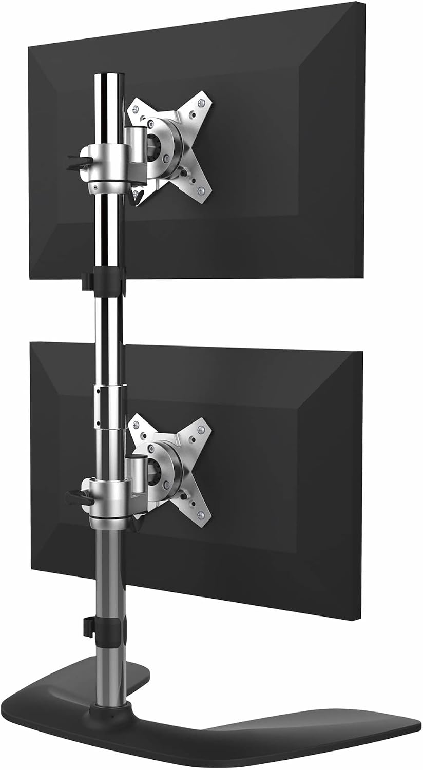 StarTech.com Vertical Dual Monitor Stand - Ergonomic Desktop Stacked Two Monitor Stand up to 27 inch VESA Mount Displays - Free Standing Universal Monitor Mount - Height Adjustable - Silver (ARMDUOVS)