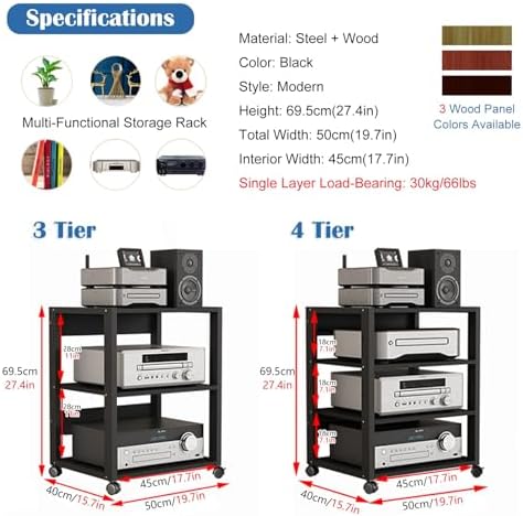 27' Modern Record Player Stand - 4-Tier Adjustable Audio Shelf for Home, Office & Classroom Media Storage, Stylish Vertical Stereo Equipment Rack (Light Wood)