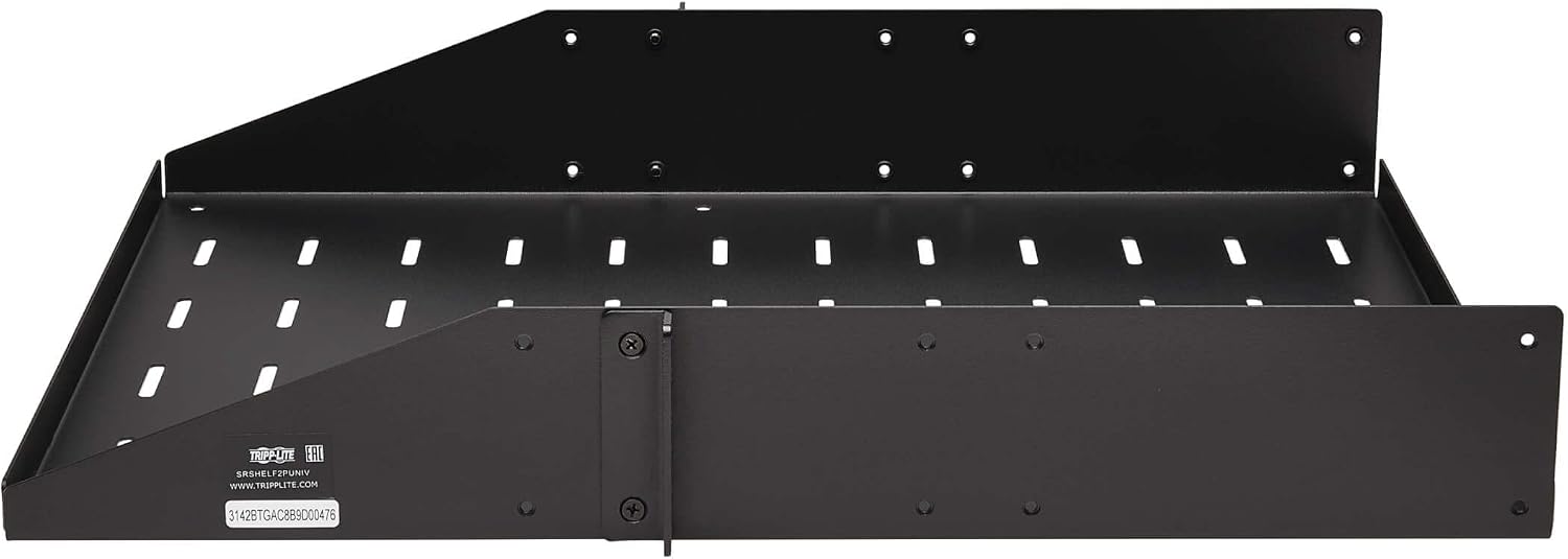 Tripp Lite 2U Universal Mount Server Rack Enclosure Shelf, Black Steel, Vented Airflow Design, Mount Hardware Included, 21.7 inch Depth, 100 lbs / 45 kg Capacity, 5-Year Warranty (SRSHELF2PUNIV)