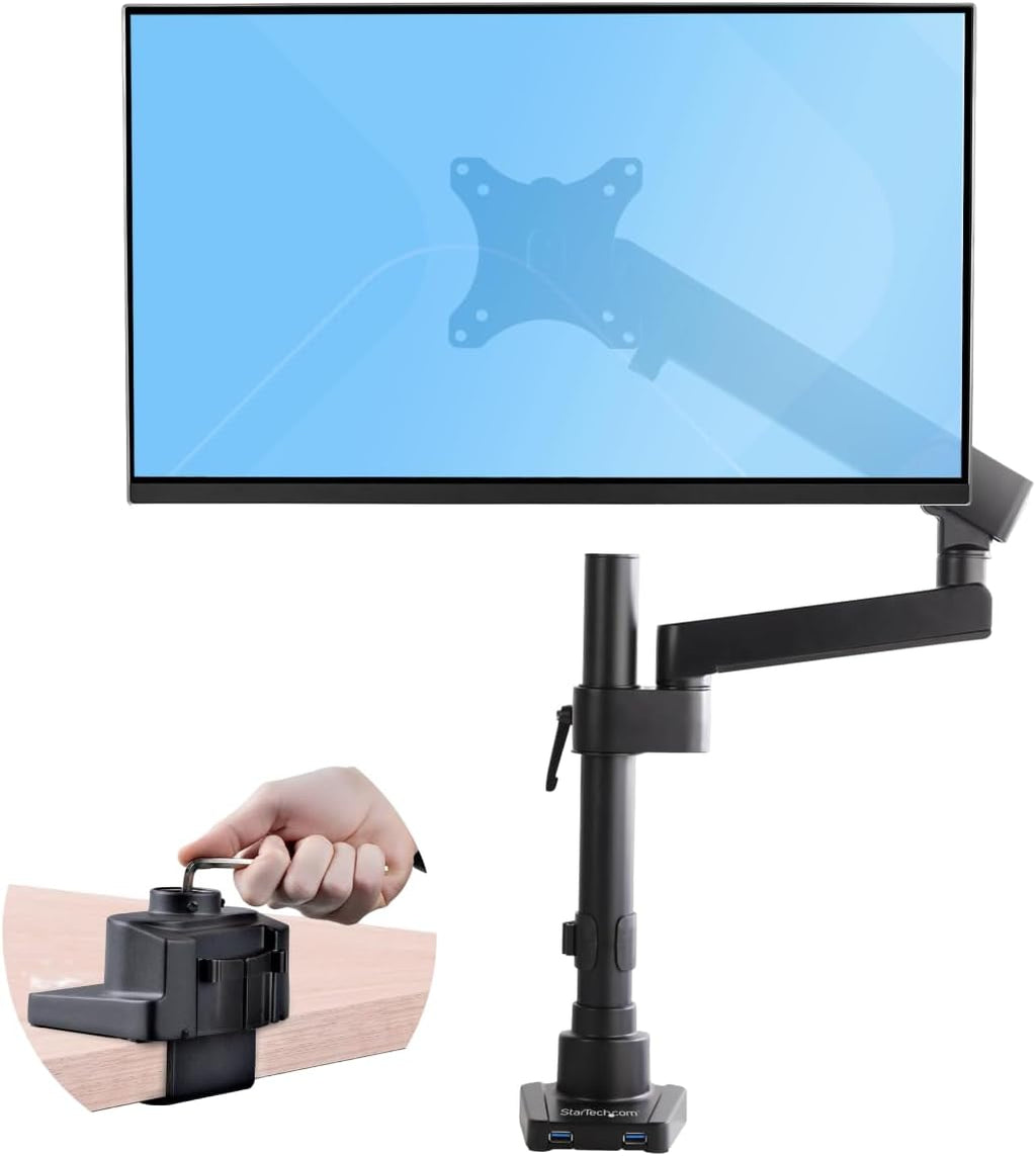 StarTech.com Desk Mount Monitor Arm w/ 2X USB 3.0 Ports for VESA Display up to 34' (17.6lb/8kg), C-Clamp/Grommet, Mechanical Spring
