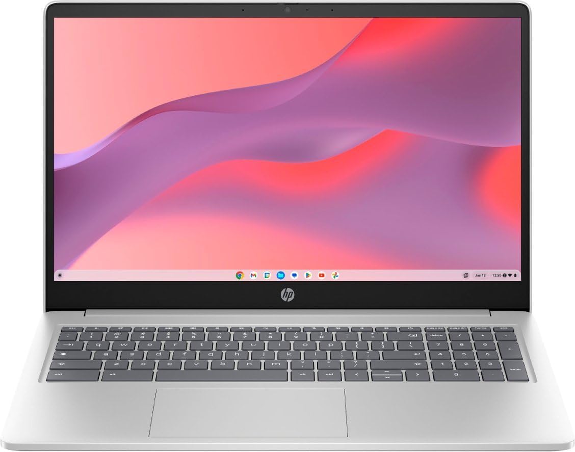 HP 15.6'' HD Chromebook Laptop, Intel Processor N200, 8GB RAM, 64GB eMMC + 64GB Card, Webcam, WiFi, Zoom Meeting, Bluetooth, USB-A&C, Chrome OS- Natural Silver