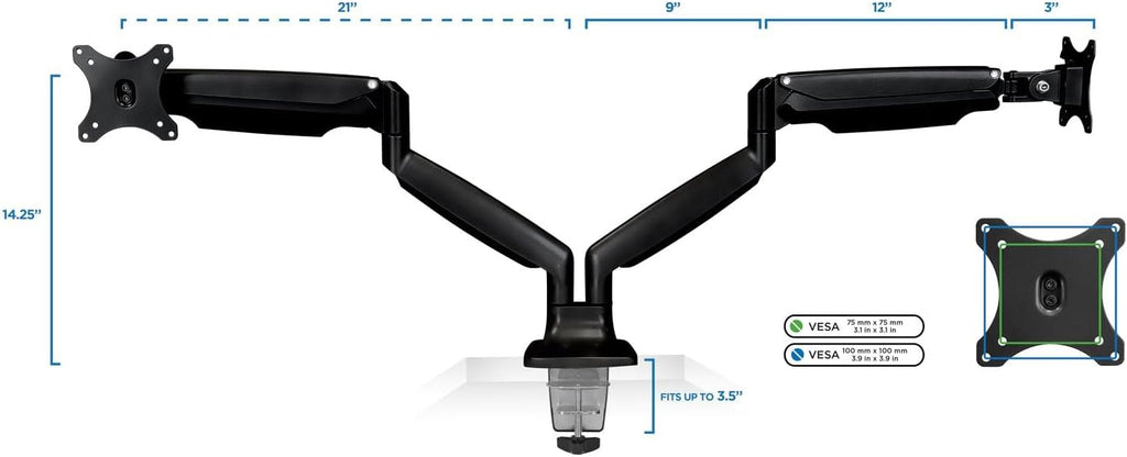 Mount-It! Dual Monitor Arm Mount | Desk Stand | Two Articulating Gas Spring Height Adjustable Arms | Fits 2 x 24 27 29 30 32 Inch VESA 75 100 Compatible Screens | C-Clamp and Grommet Bases (Black)