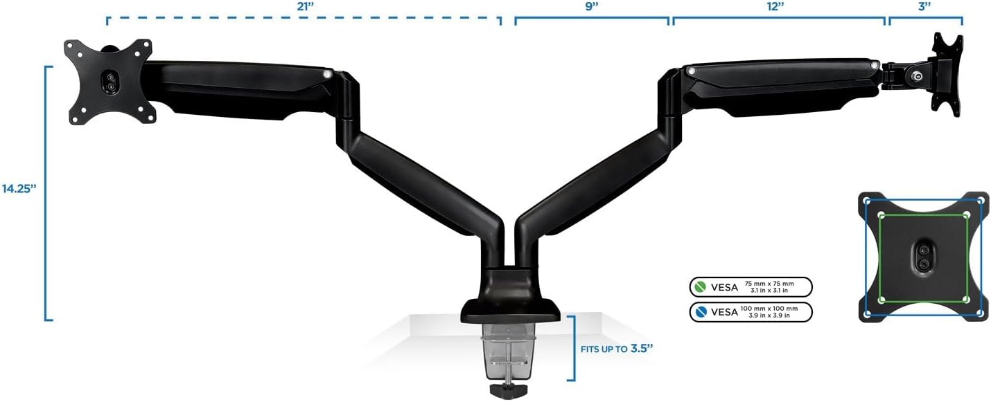 Mount-It! Dual Monitor Arm Mount | Desk Stand | Two Articulating Gas Spring Height Adjustable Arms | Fits 2 x 24 27 29 30 32 Inch VESA 75 100 Compatible Screens | C-Clamp and Grommet Bases (Black)