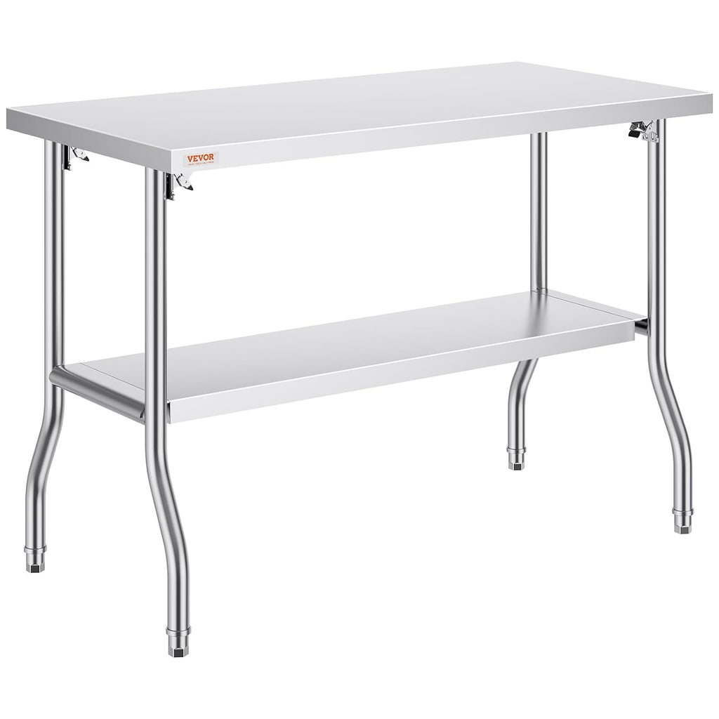 VEVOR Stainless Steel Foldable Work Table, 48 * 24 Inch Heavy Duty Food Outdoor Double Layer Stainless Steel Worktable for Commercial Kitchen Restaurant