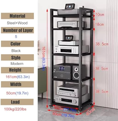 Height-Adjustable Audio Rack Shelf - Media Cabinet with Casters for Living Room, Compact Entertainment Center for Stereo Components, Space-Saving AV Storage Solution