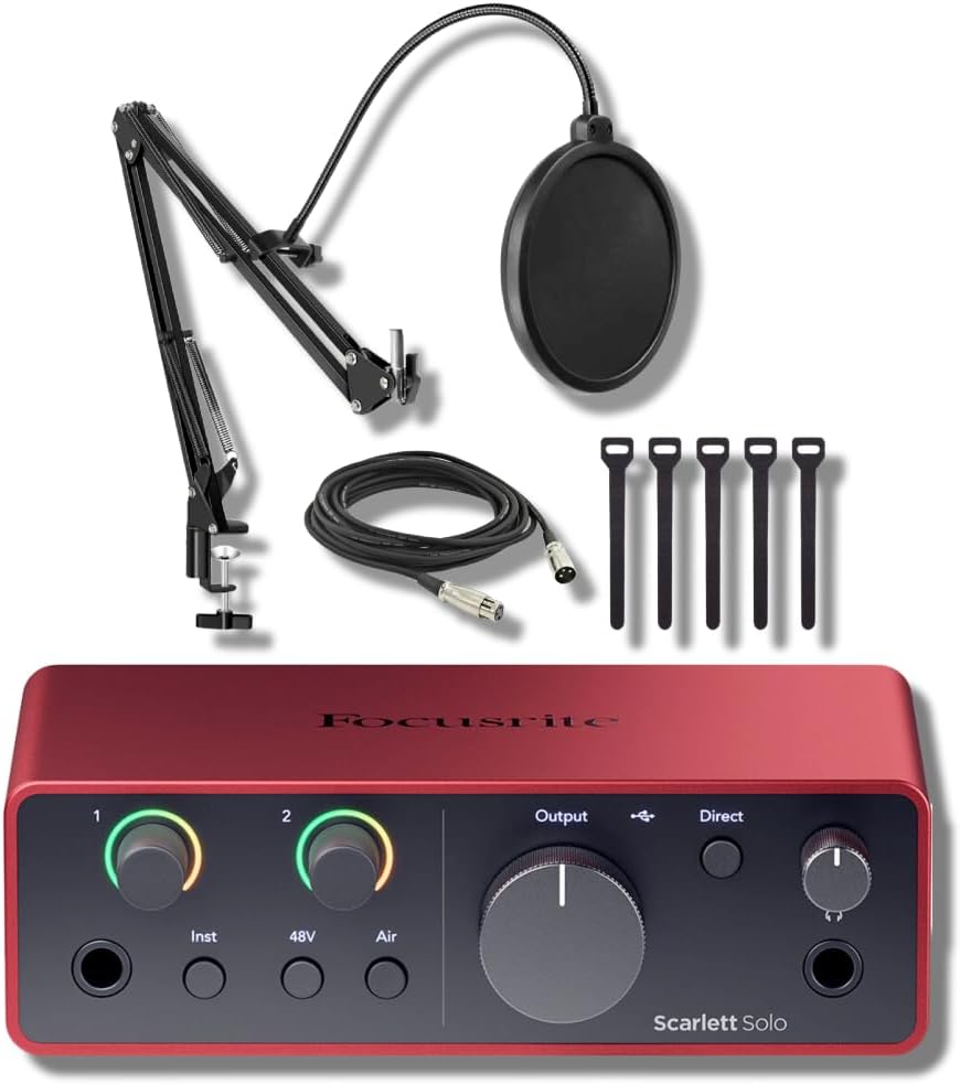 Focusrite Scarlett Solo 4G Studio Recording Bundle with StreamEye BOOMARM1 Microphone Boom Arm, Pop Filter and XLR Cable