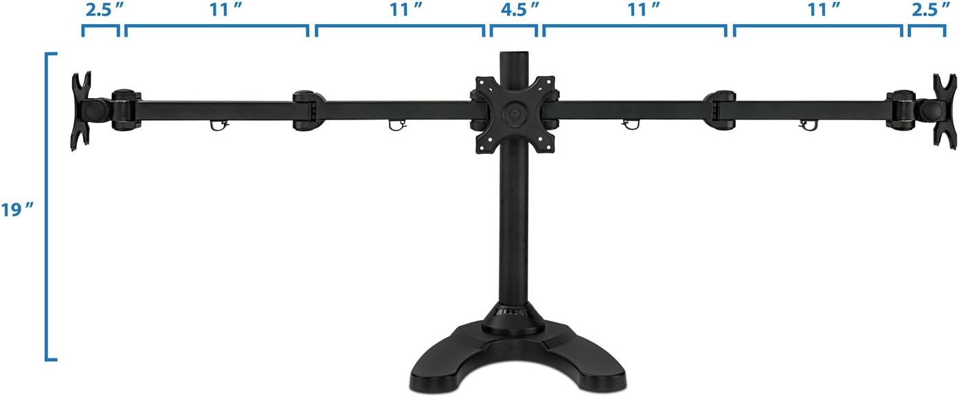 Mount-It! Triple Monitor Stand for 3 Screens up to 24', Height Adjustable Desk Mount with Free Standing or Grommet Base, 22 lbs per Arm, VESA 75x75 100x100 Compatible, Full Motion Monitor Mount MI-789
