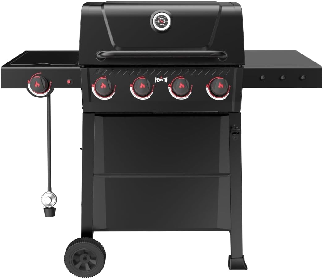 Feasto Propane Gas Grill, 36,000 BTU Outdoor Patio BBQ, Porcelain-Enameled Cookbox & Porcelain-Enameled Cast-Iron Grates, 559 Sq. In., Black (Black, 4) (Black2)