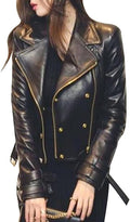 SKY-SELLER Women's Rose Gold Brando Leather Jacket - Ladies Motorcycle Studded Black Biker Jacket