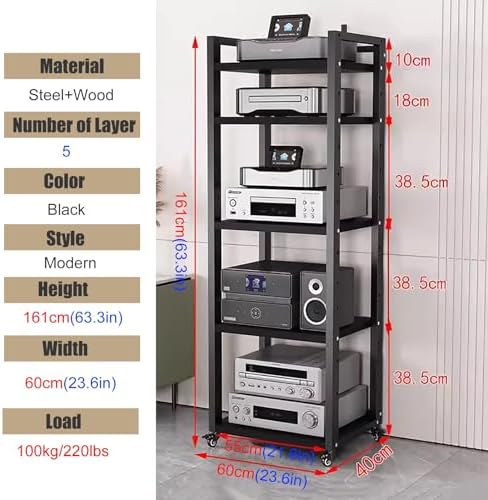 Height-Adjustable Audio Rack Shelf - Audio-Video Media Cabinet with Casters for Living Room - Compact Entertainment Center for Stereo Components & Small Spaces