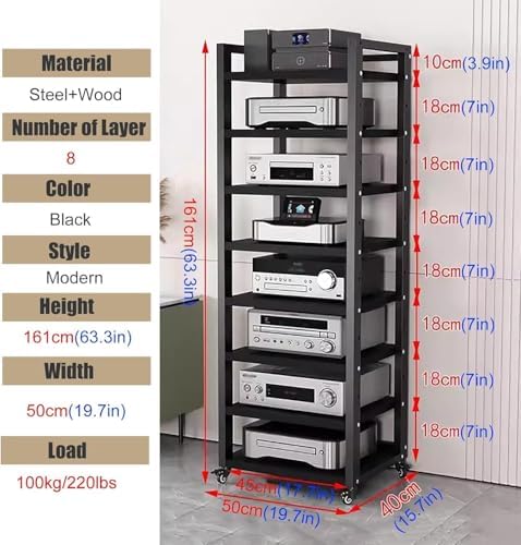 8 Tier Heavy Duty Adjustable Audio Video Rack - Sturdy Media Stand for Home & Office, Ideal for Stereo Components & Equipment Storage, Black Finish