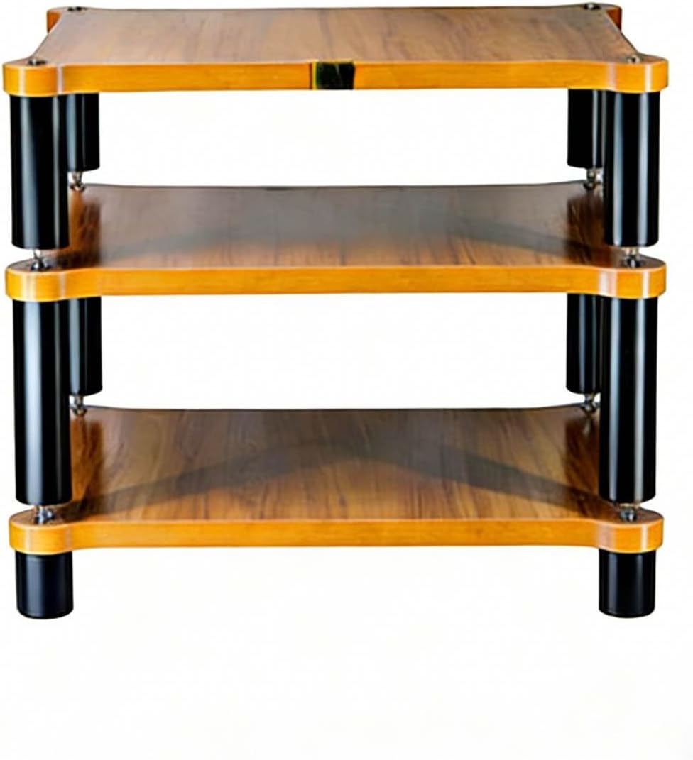 High Load-Bearing Three-Layer Amplifier Rack Wood Grain Panel Black Vibration Damping Pillars Stable Audio Equipment Shelf Multi-Device Compatible(60 * 48 * 50.5cm)