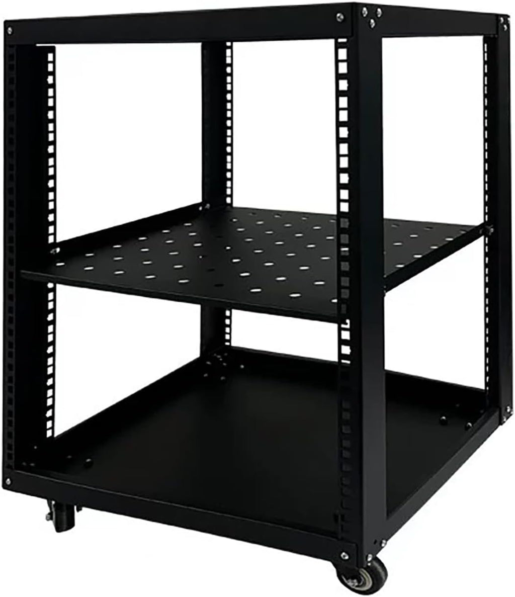 Adjustable Steel Audio Rack with Wheels, Movable Media Stand & Storage Cabinet, Black Entertainment Center, Height-Adjustable Shelves for AV & Video Equipment (50x45x59.4cm)