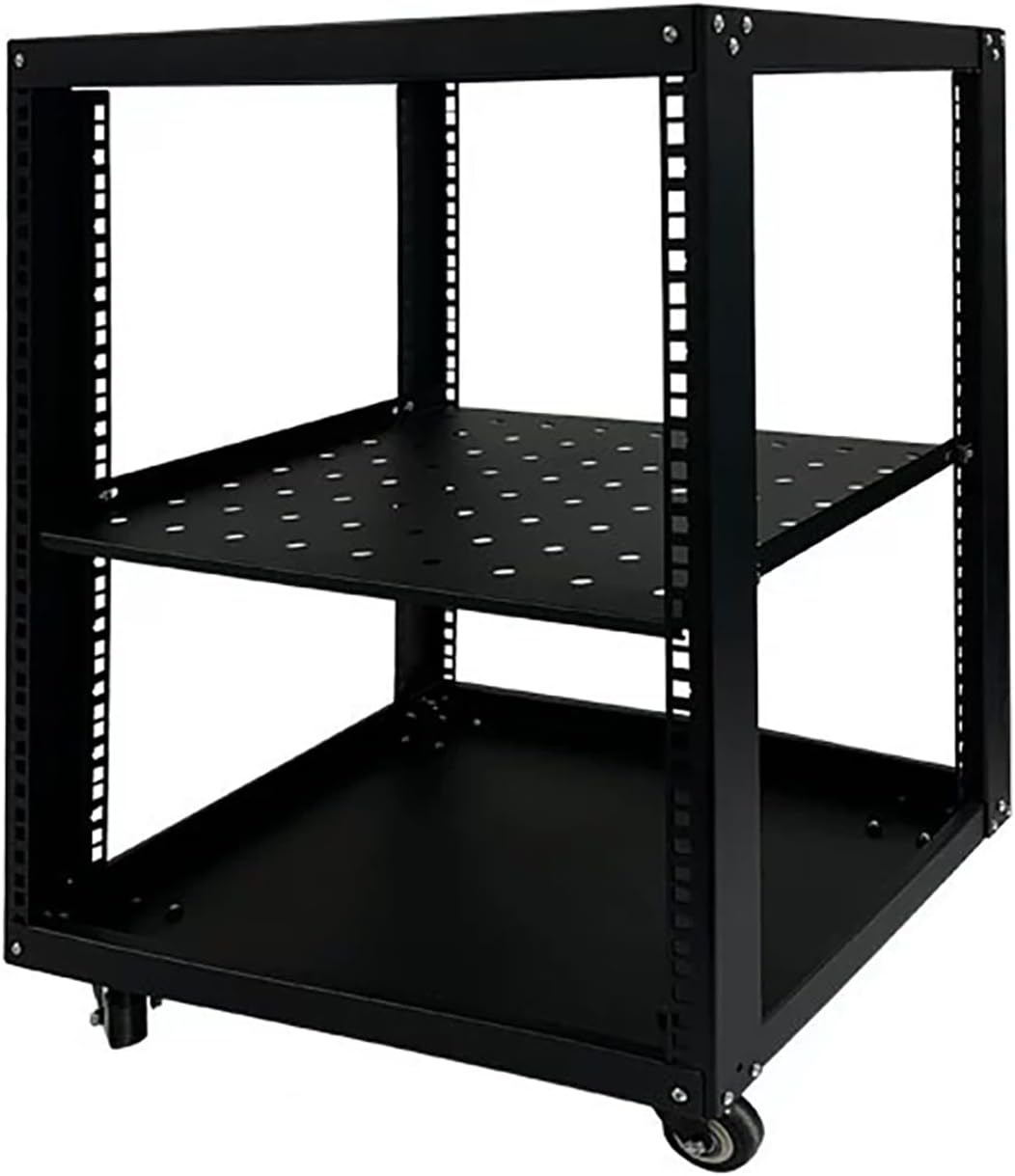 Adjustable Steel Audio Rack with Wheels, Movable Media Stand & Storage Cabinet, Black Entertainment Center, Height-Adjustable Shelves for AV & Video Equipment (50x45x59.4cm)