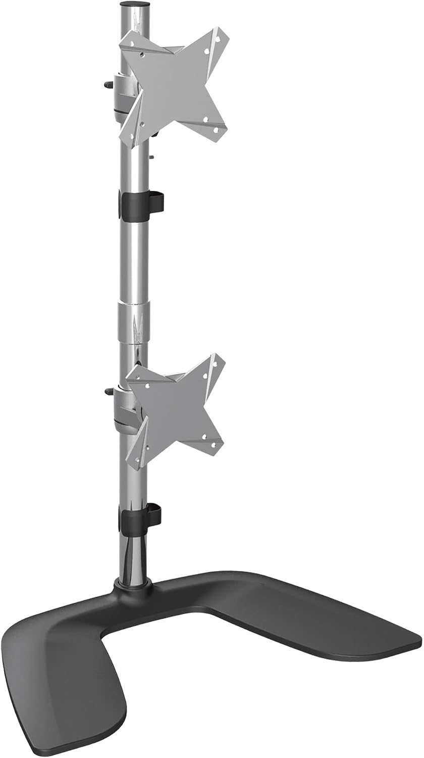 StarTech.com Vertical Dual Monitor Stand - Ergonomic Desktop Stacked Two Monitor Stand up to 27 inch VESA Mount Displays - Free Standing Universal Monitor Mount - Height Adjustable - Silver (ARMDUOVS)
