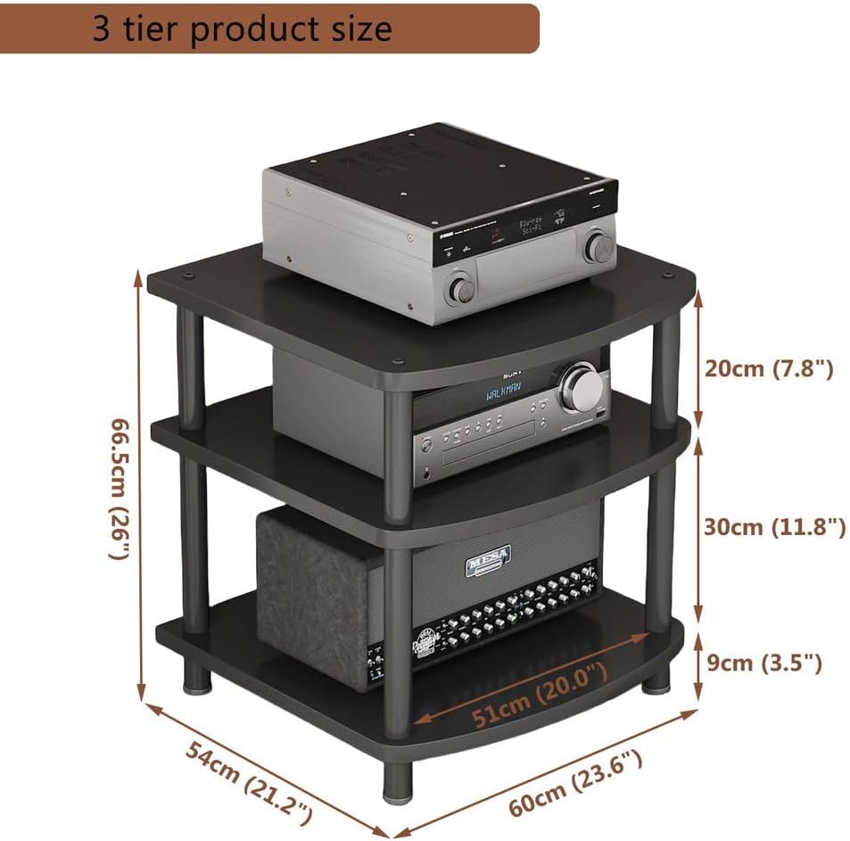 4-Tier AV Media Stand Audio Rack Tower Adjustable Height TV Game Console Equipment Shelf CD Record Player Stereo Component Rack Cabinet for Home Theater Studio,Black,3 Tier