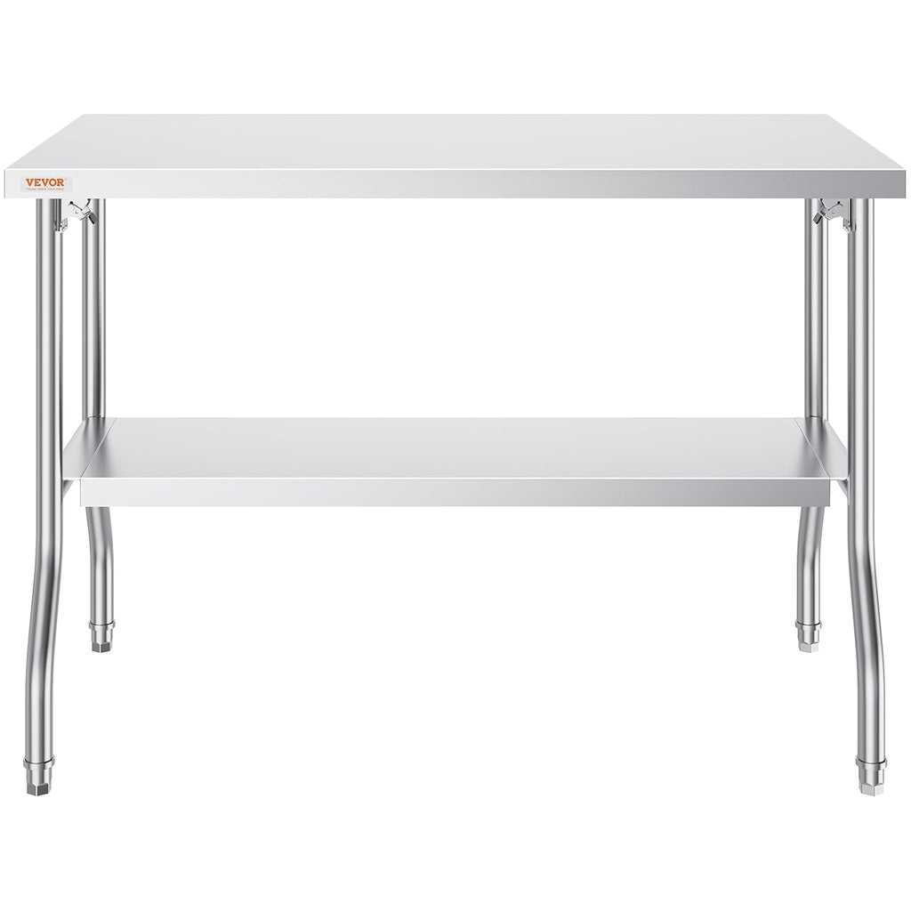 VEVOR Stainless Steel Foldable Work Table, 48 * 24 Inch Heavy Duty Food Outdoor Double Layer Stainless Steel Worktable for Commercial Kitchen Restaurant