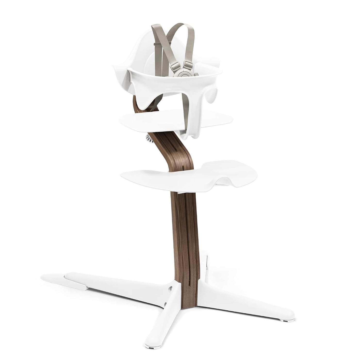 Stokke Nomi High Chair, White/Walnut - Inspires Active Sitting - Tool-Free, Seamless Adjustability - Includes Baby Set with Removable Harness for Children 6-24 Months