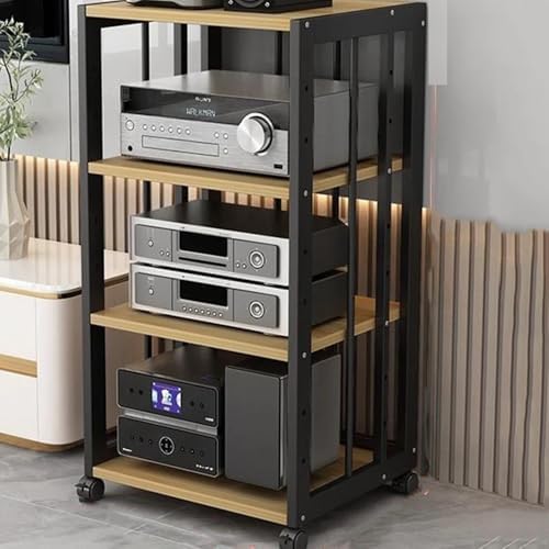 HiFi Audio Stand Rack 2 Tier Media Storage Cabinet with Wheels, Adjustable Record Player & Game Console Shelf, Modern Black & White Design for Home Entertainment