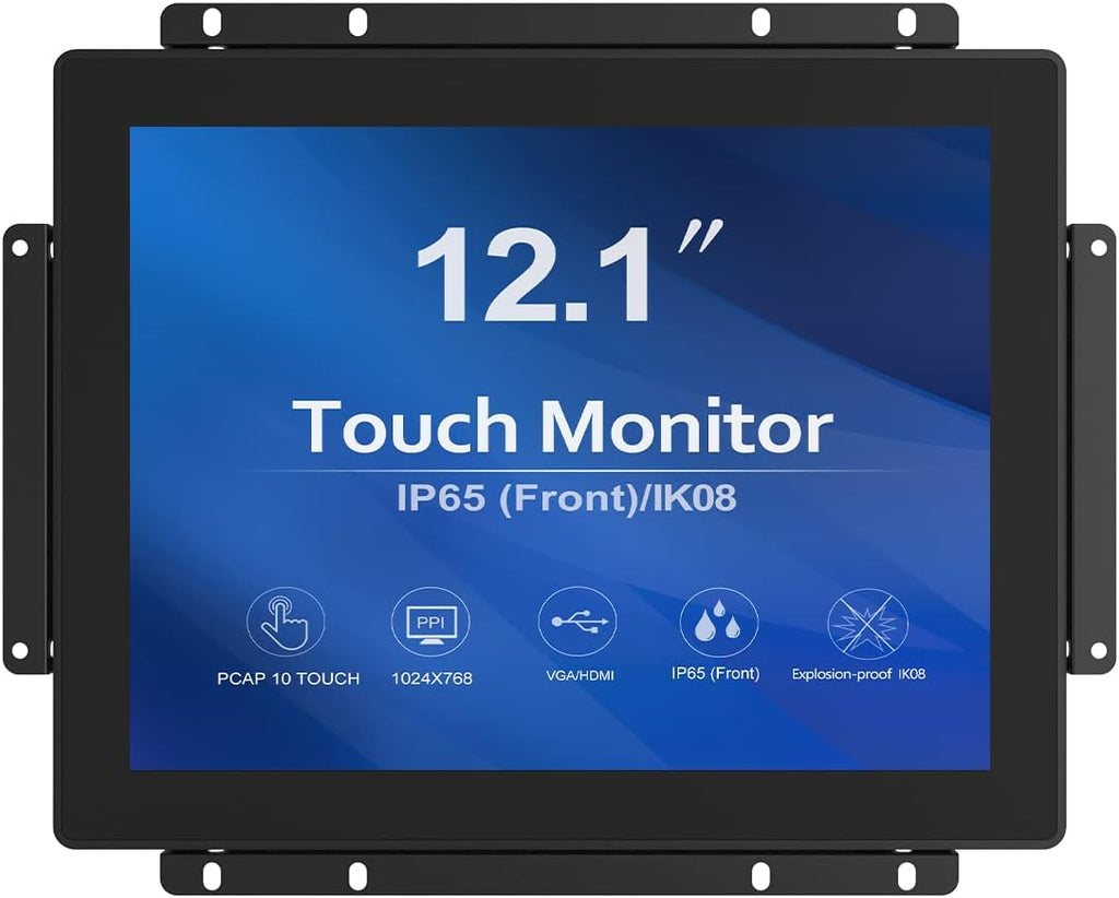 GreenTouch 12.1 inch 10 Points Touch Front IK08/IP65 Open Frame Touch Monitor Desktop or Wall Mountable Multi Point Touch 1024x768