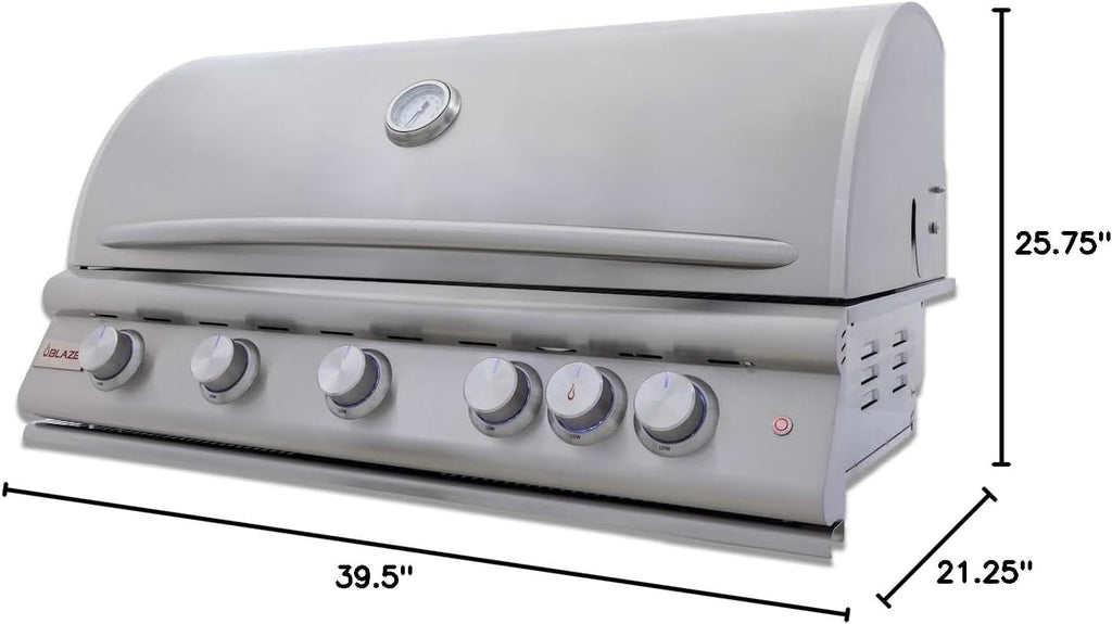 Blaze Premium LTE+ 40-Inch 5-Burner Built-In Natural Gas Grill | Stainless Steel Outdoor BBQ with Rear Infrared Burner, LED Control Knobs & Lift-Assist Hood | BLZ-5LTE3-NG