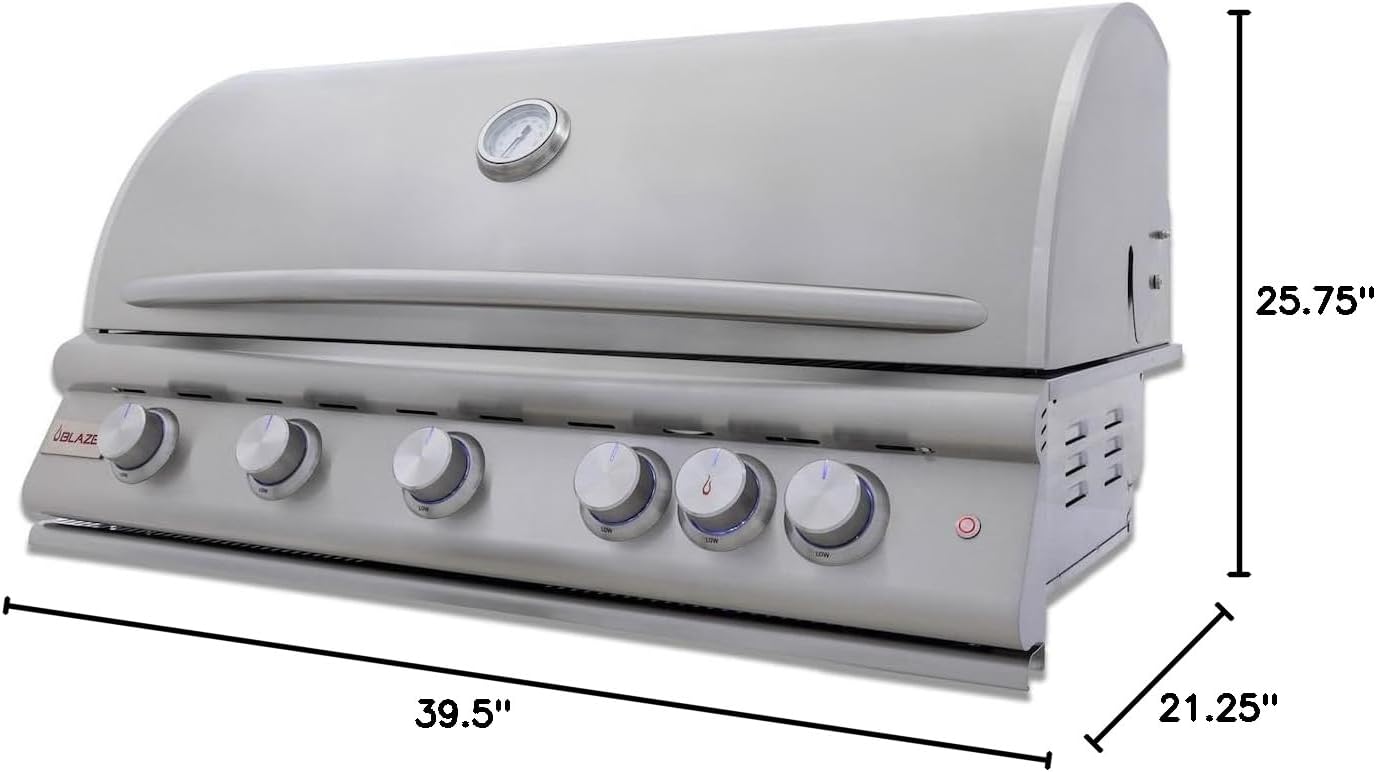 Blaze Premium LTE+ 40-Inch 5-Burner Built-In Natural Gas Grill | Stainless Steel Outdoor BBQ with Rear Infrared Burner, LED Control Knobs & Lift-Assist Hood | BLZ-5LTE3-NG