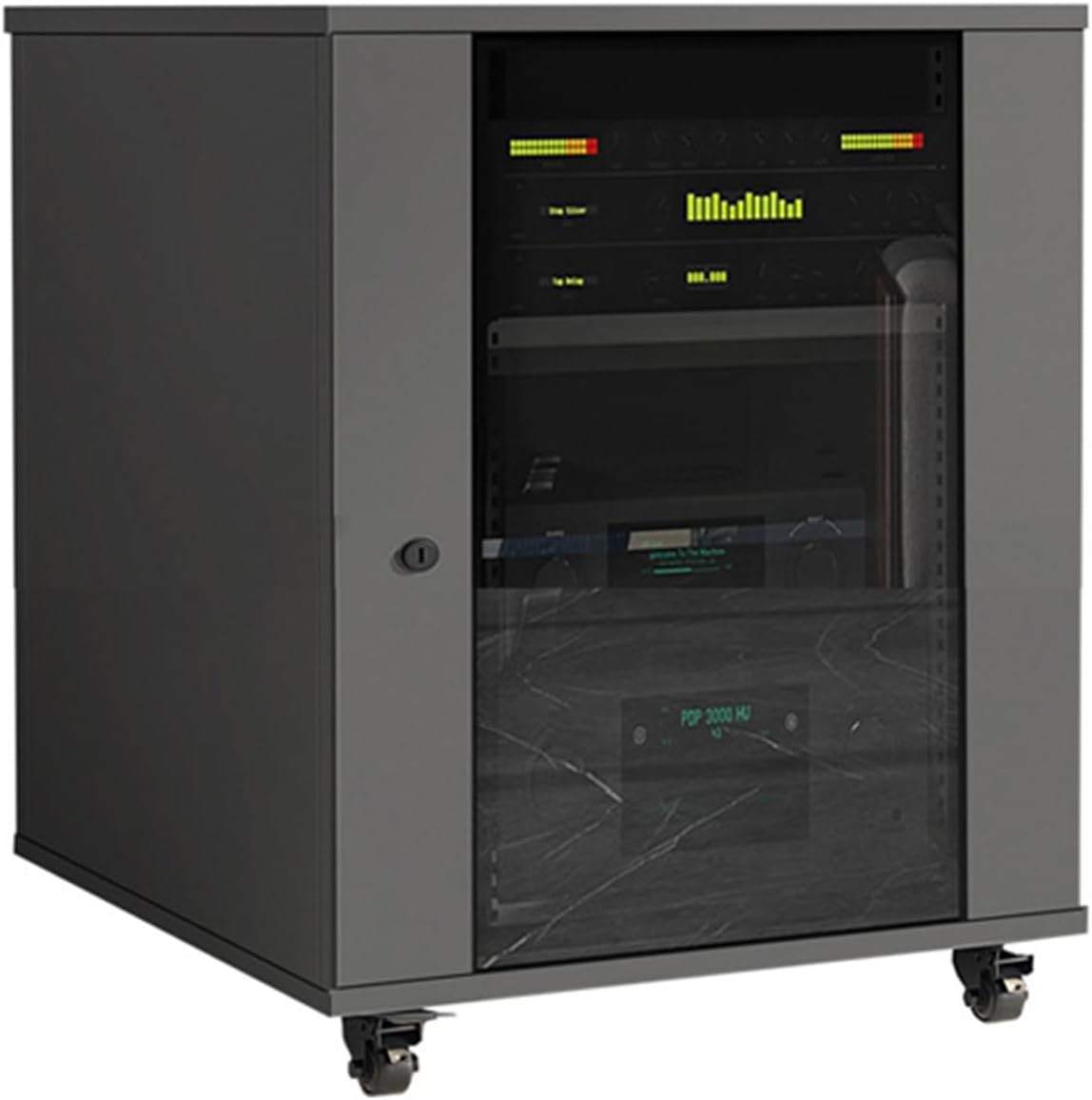 3-tier Movable Audio Video Media Stand Cabine with Wheels Modern WiFi Router Storage Box Cabinet AV Stereo Cabinet with Glass Door Portable Media Player Stand(Black,56*57*63cm/22*22.4*24.8in)