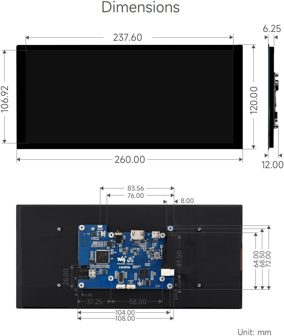 waveshare 10.4inch QLED Quantum Dot Display, 1600×720 Resolution, Compatible with Raspberry Pi 5/4B/3B/Zero/Zero W/Zero 2W/Pico/Pico W/Pico WH, Jetson Nano and PC