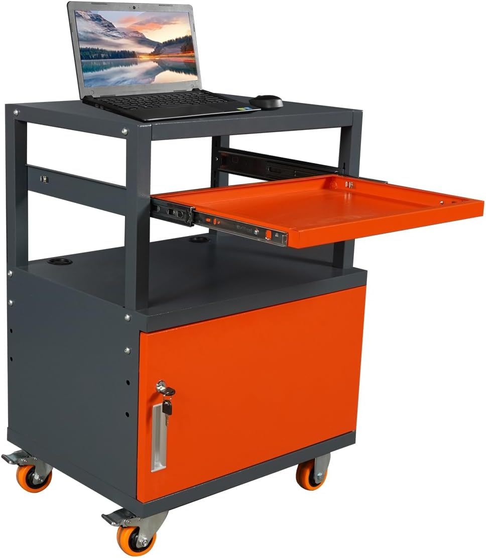 Steel Large AV Cart with Extra Storage Cabinet, Metal Presentation Cart with Keyboard Tray, Rolling Media Cart with Wheels for Computer Laptop Projector Printer