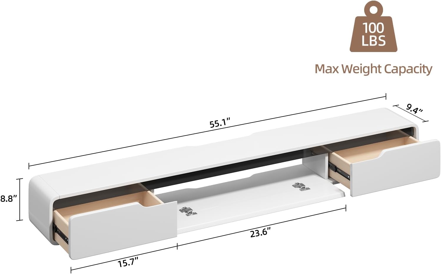 Fully-Assembled Floating TV Stand with Drawers, 55IN High Gloss Wall Mounted Entertainment Center, Modern Media Console with Storage, Under TV Shelf for Bedroom Living Room White