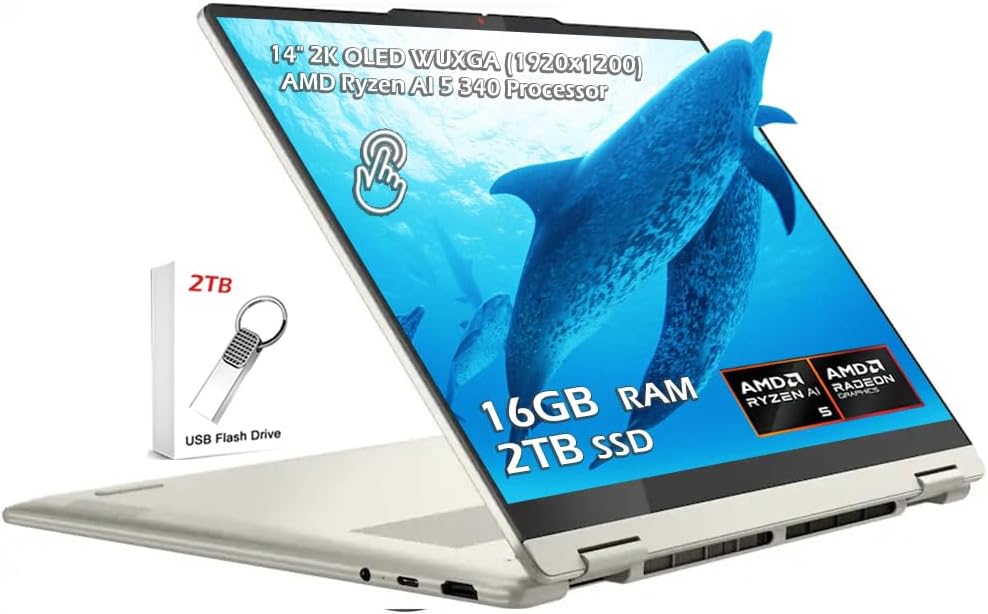 Lenovo Yoga 7 2-in-1 Laptop 14' WUXGA OLED Touch (100% DCI-P3, 600nits HDR) AMD 6-core Ryzen AI 5 340, 16GB RAM 2TB SSD for Wi-Fi7, Backlit KB, Windows 11, Seashell, w/2TB USB Drive, W/GaLiMu