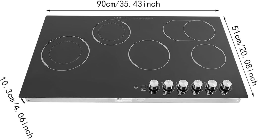 5 Burners Electric Cooktop, 35 Inch 48000W Electric Ceramic Cooktop Built-in Electric Stove Top with 5 Heating Levels, Kid Safety Lock, Timer and Knob Control, 110V for Hard Wire (No Plug)