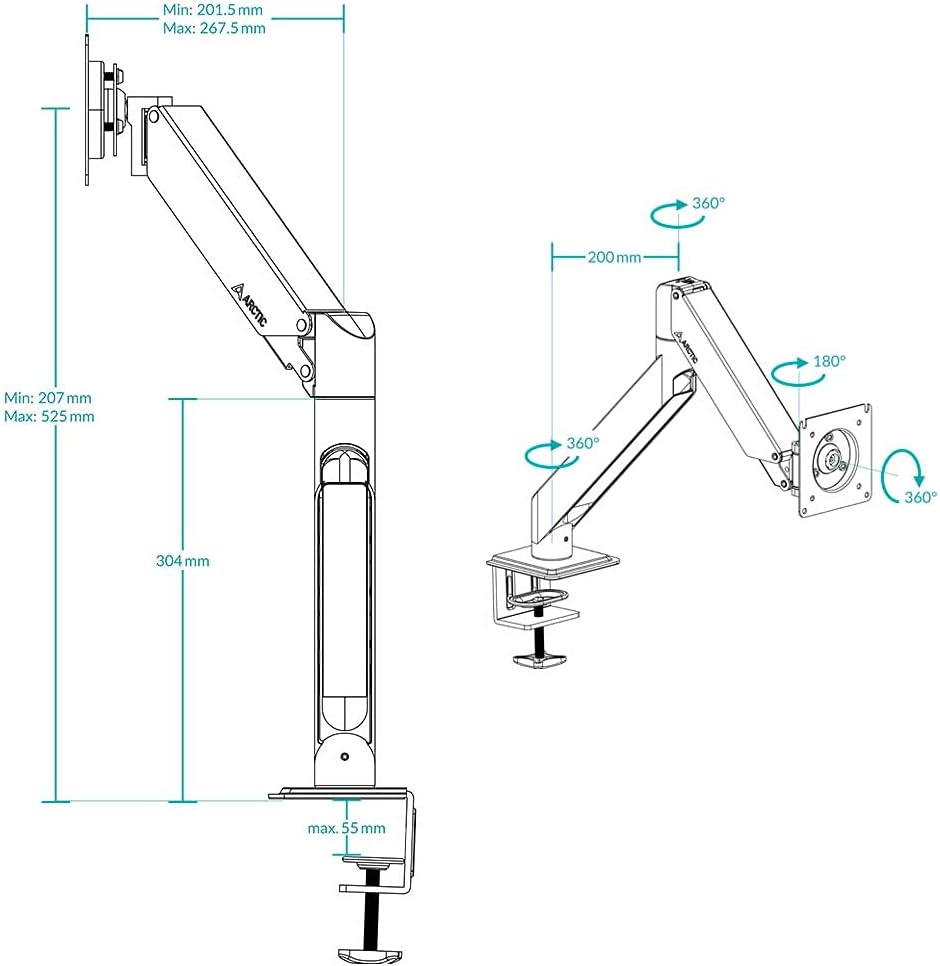 ARCTIC X1-3D - Monitor Arm with Extendable Gas Arm, Support Monitor up to 40' Ultrawide, up to 10 kg/22 lbs, with Cable Management, Adjustable - Black