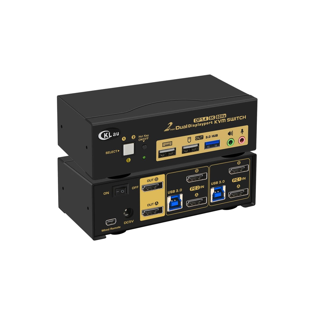 2 Port USB 3.0 Dual Monitor KVM Switch Displayport 1.4 8K@30Hz 4K@144Hz, Display Port KVM Switch 2 Monitors with Audio, All Input and Output Cables Supports Hotkey Function