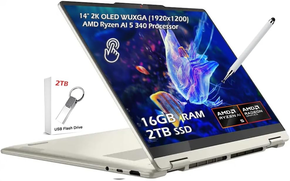 Lenovo Yoga 7 2-in-1 Copilot+ AI PC Laptop, 14' 2K OLED Touch (100% DCI-P3), AMD Ryzen AI 5 340 (Up to 50 Tops), 16GB LPDDR5 2TB SSD, Wi-Fi7 Backlit KB Win11, Seashell, w/2TB USB Drive & PEN, W/GaLiMu